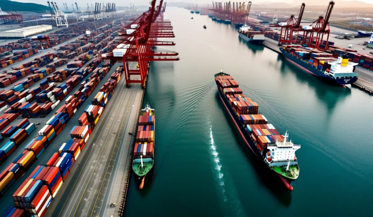 Port congestion aerial view with vessels waiting at anchorage